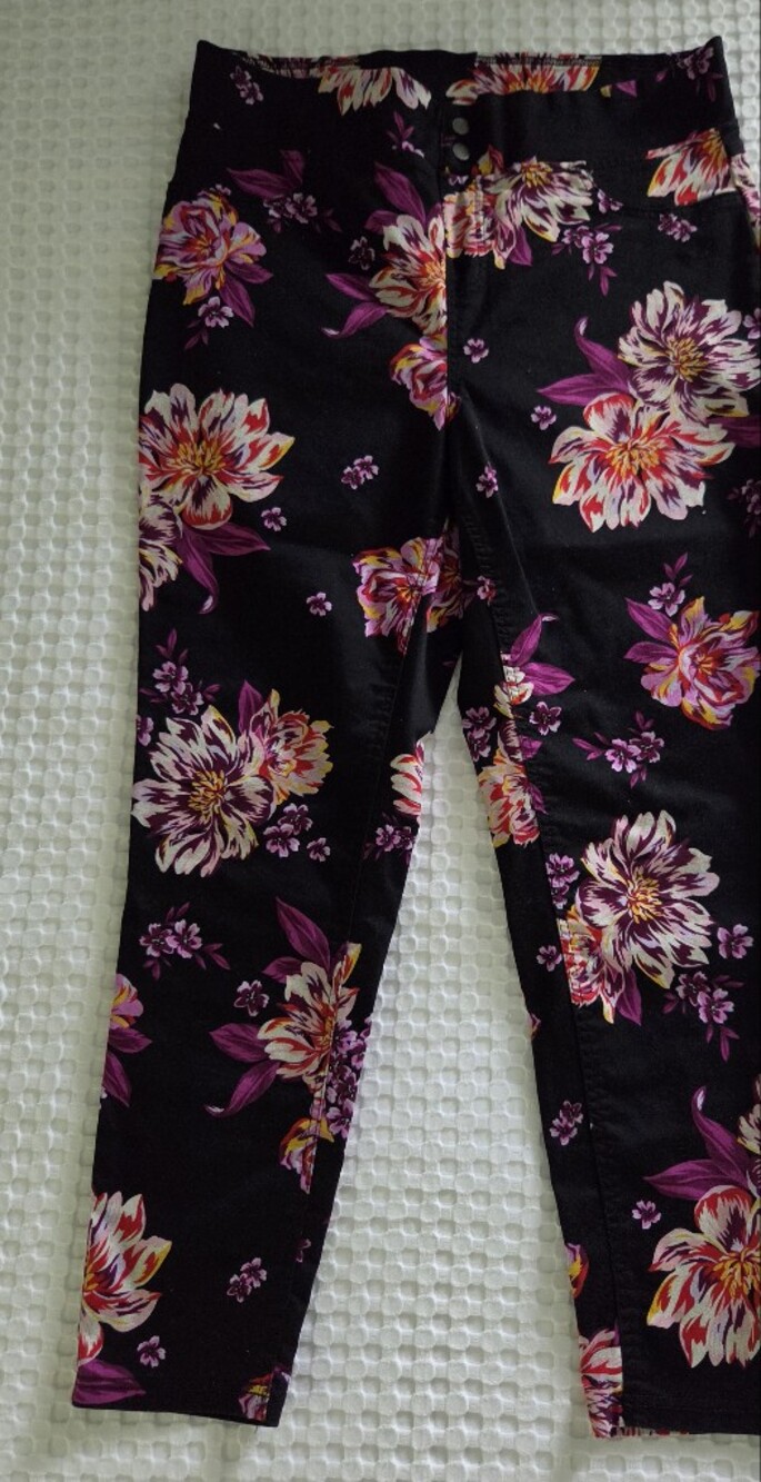 Terra & Sky Black Floral Skinny Pants with Pink and Yellow Accents